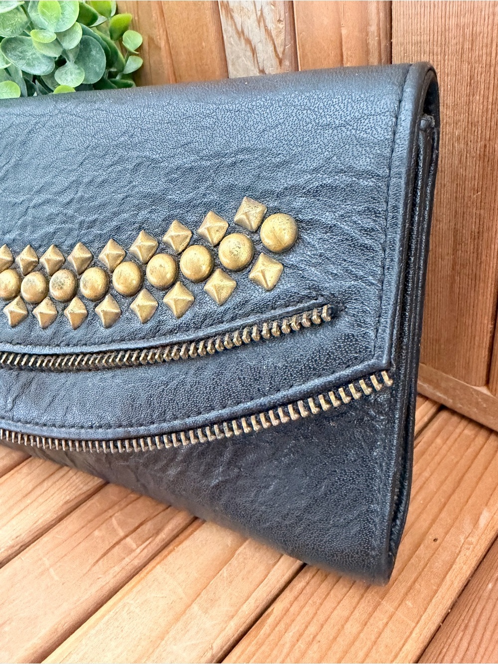 JJ Winters, Y2K Black Studded Leather Clutch, Gold Studs, Boho - Picture 4 of 10